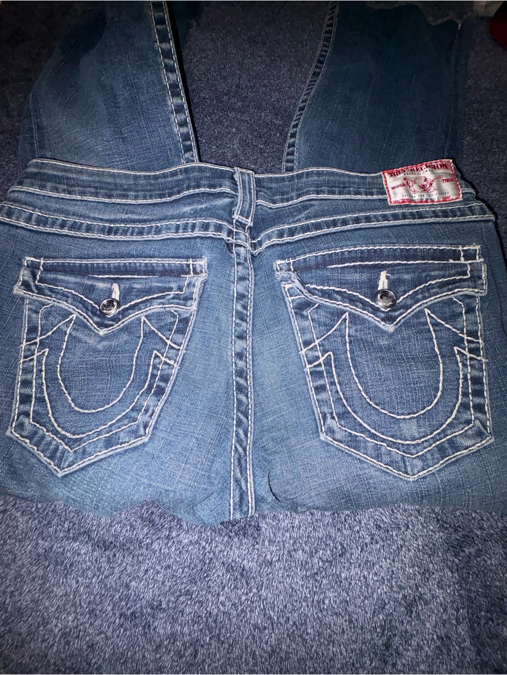 True Religion Women's Blue Denim Overalls with Iconic Back Stitching